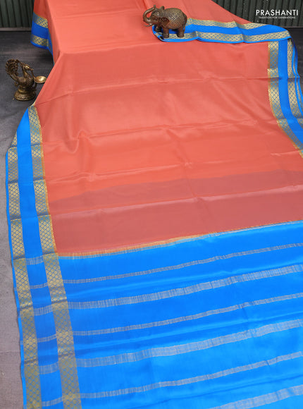 Pure mysore silk saree peach shade and cs blue with plain body and rettapet zari woven border