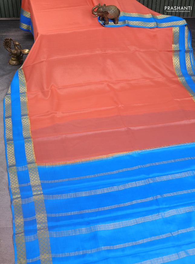 Pure mysore silk saree peach shade and cs blue with plain body and rettapet zari woven border