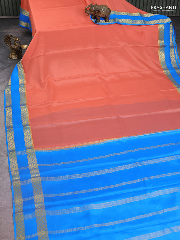 Pure mysore silk saree peach shade and cs blue with plain body and rettapet zari woven border