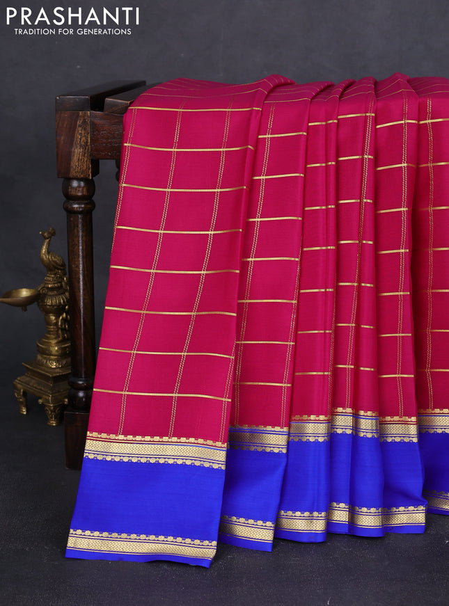 Pure mysore silk saree magenta pink and blue with allover zari woven checked pattern and rettapet zari woven border