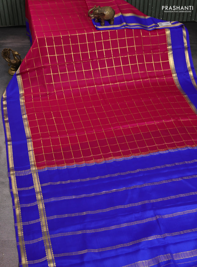 Pure mysore silk saree magenta pink and blue with allover zari woven checked pattern and rettapet zari woven border