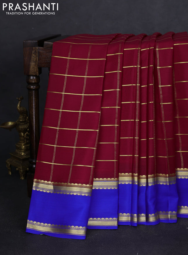 Pure mysore silk saree reddish pink and blue with allover zari woven checked pattern and rettapet zari woven border