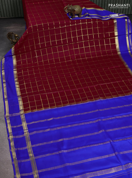 Pure mysore silk saree reddish pink and blue with allover zari woven checked pattern and rettapet zari woven border