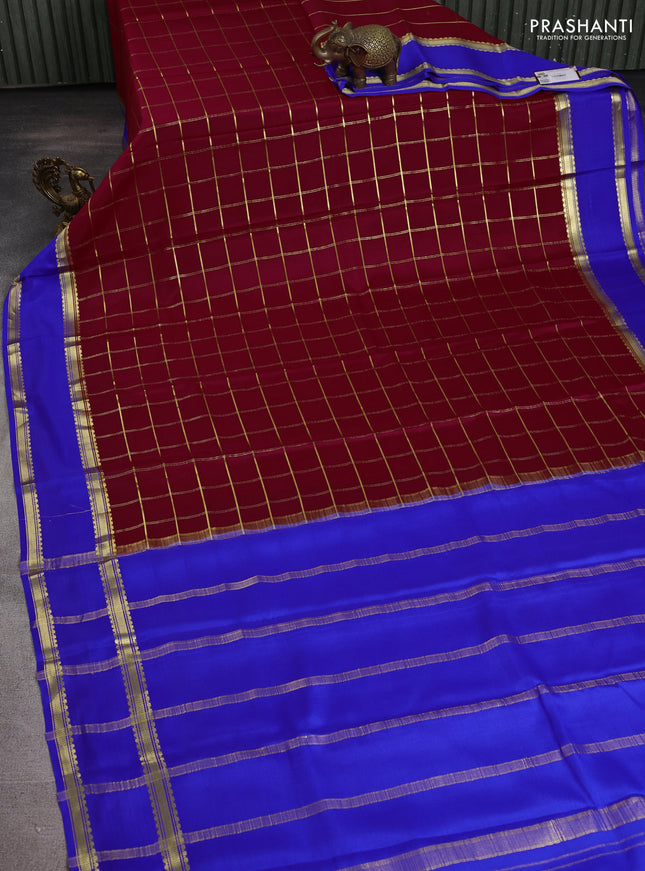 Pure mysore silk saree reddish pink and blue with allover zari woven checked pattern and rettapet zari woven border