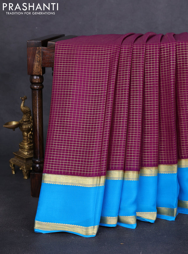 Pure mysore silk saree purple and cs blue with allover small zari woven checked pattern and rettapet zari woven border