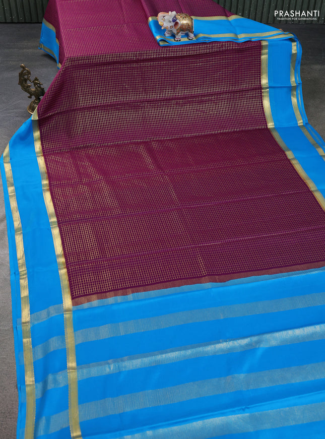 Pure mysore silk saree purple and cs blue with allover small zari woven checked pattern and rettapet zari woven border