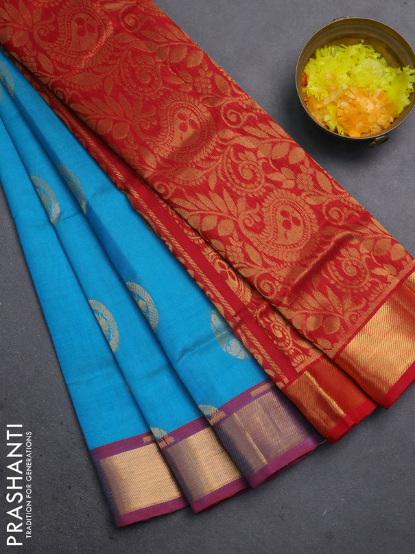 Silk cotton saree teal blue and red with allover zari woven buttas and zari woven border