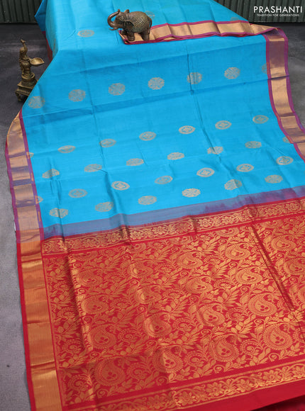 Silk cotton saree teal blue and red with allover zari woven buttas and zari woven border