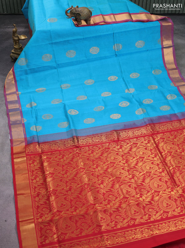 Silk cotton saree teal blue and red with allover zari woven buttas and zari woven border