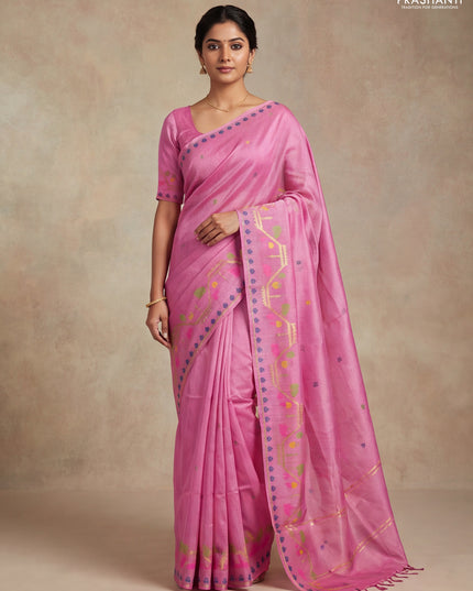 Munga tussar silk saree light pink with thread woven buttas and woven border