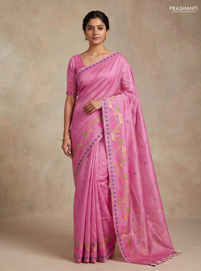 Munga tussar silk saree light pink with thread woven buttas and woven border