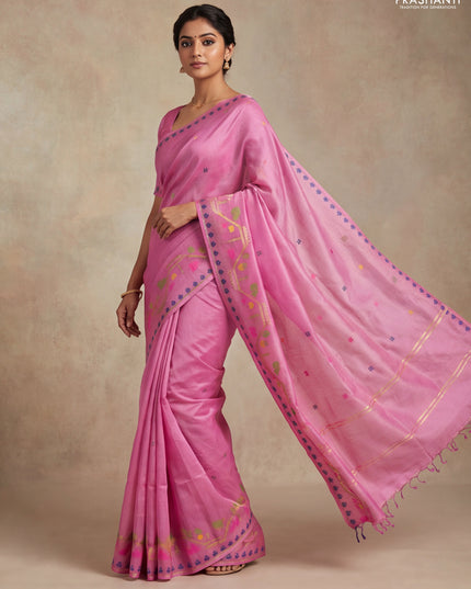 Munga tussar silk saree light pink with thread woven buttas and woven border