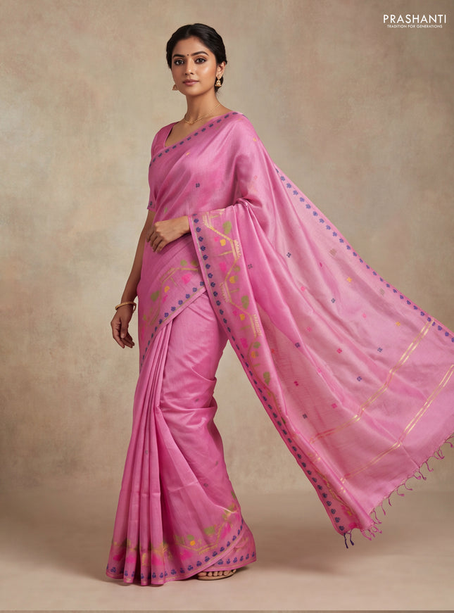 Munga tussar silk saree light pink with thread woven buttas and woven border
