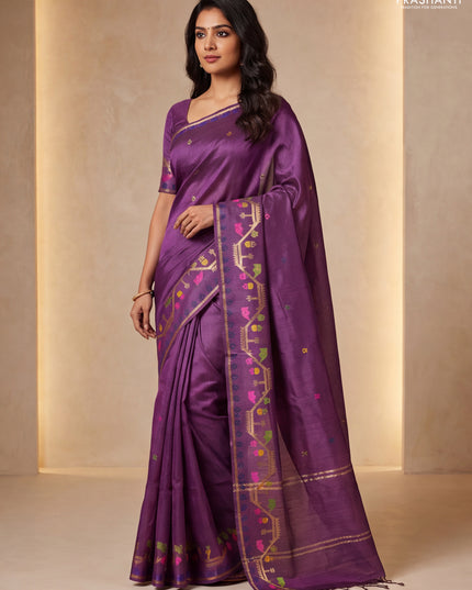 Munga tussar silk saree wine shade with thread woven buttas and woven border