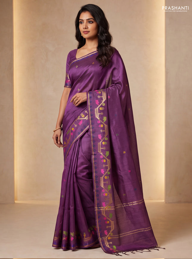 Munga tussar silk saree wine shade with thread woven buttas and woven border