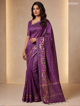 Munga tussar silk saree wine shade with thread woven buttas and woven border