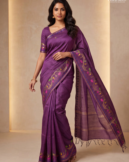 Munga tussar silk saree wine shade with thread woven buttas and woven border