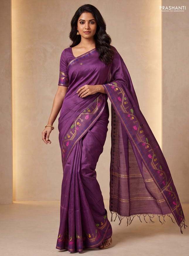 Munga tussar silk saree wine shade with thread woven buttas and woven border