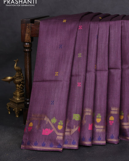 Munga tussar silk saree wine shade with thread woven buttas and woven border