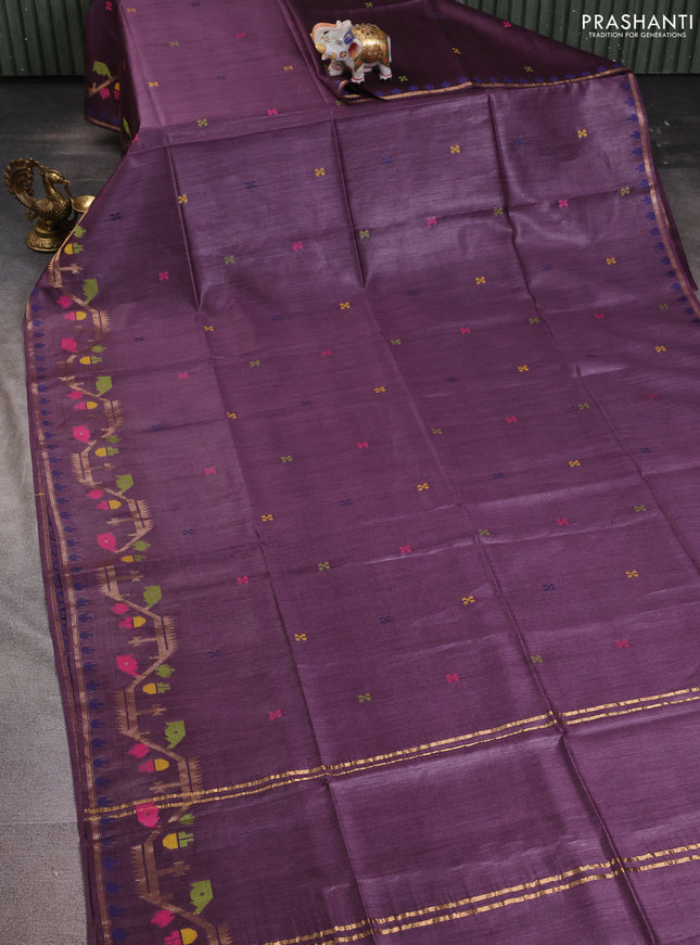 Munga tussar silk saree wine shade with thread woven buttas and woven border
