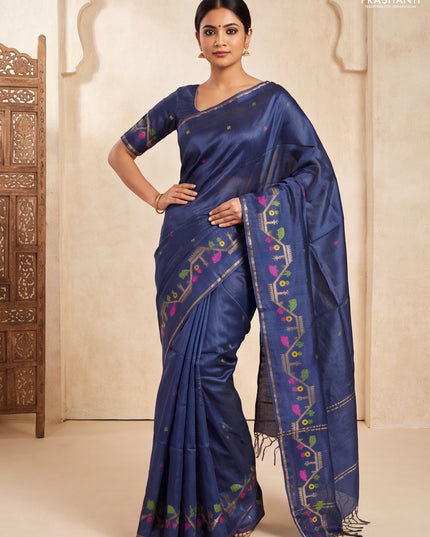 Munga tussar silk saree navy blue with thread woven buttas and woven border