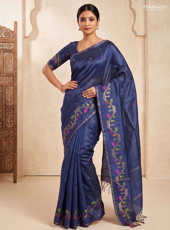 Munga tussar silk saree navy blue with thread woven buttas and woven border