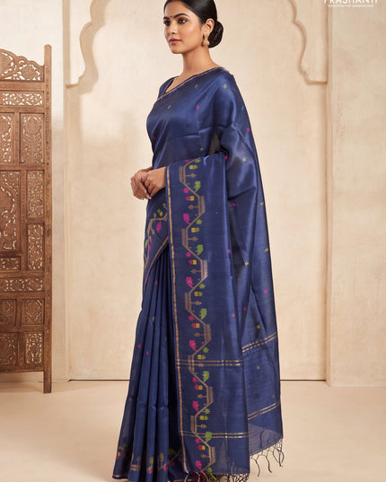 Munga tussar silk saree navy blue with thread woven buttas and woven border