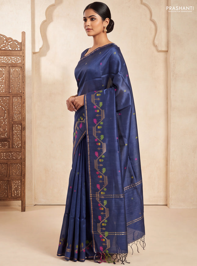 Munga tussar silk saree navy blue with thread woven buttas and woven border