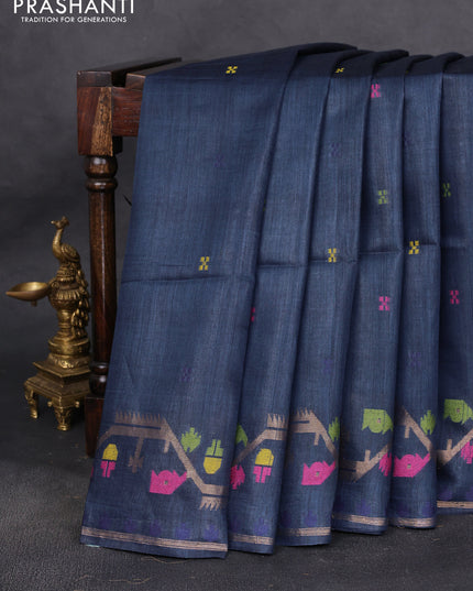 Munga tussar silk saree navy blue with thread woven buttas and woven border