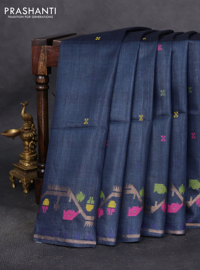 Munga tussar silk saree navy blue with thread woven buttas and woven border