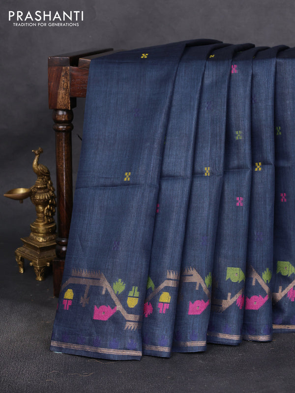 Munga tussar silk saree navy blue with thread woven buttas and woven border