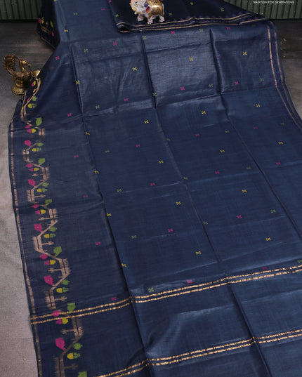 Munga tussar silk saree navy blue with thread woven buttas and woven border