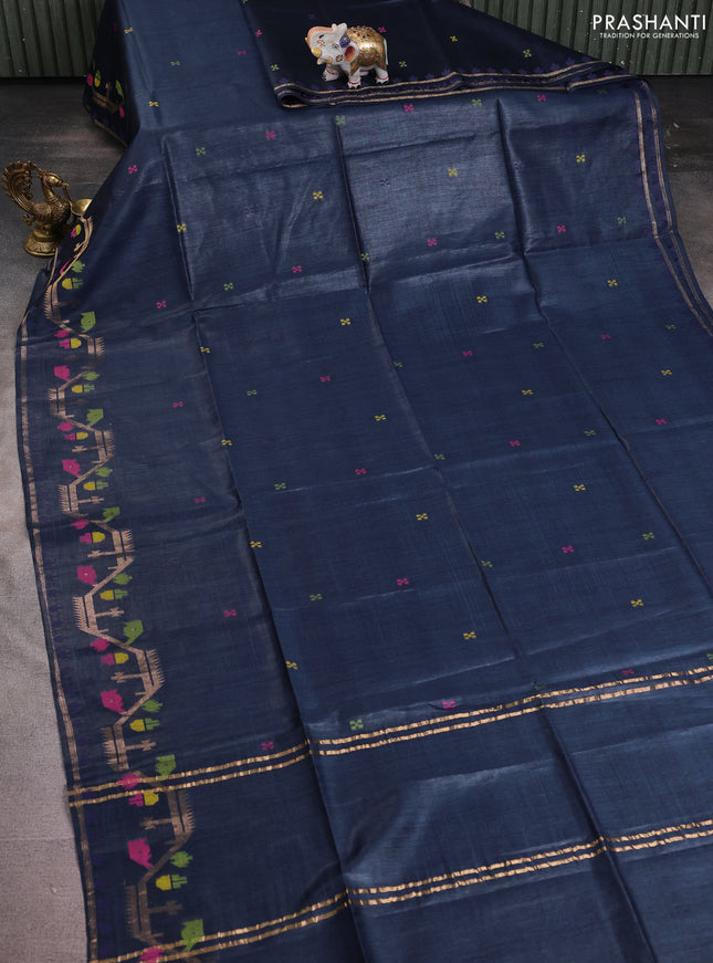 Munga tussar silk saree navy blue with thread woven buttas and woven border