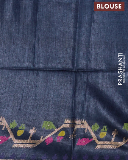 Munga tussar silk saree navy blue with thread woven buttas and woven border