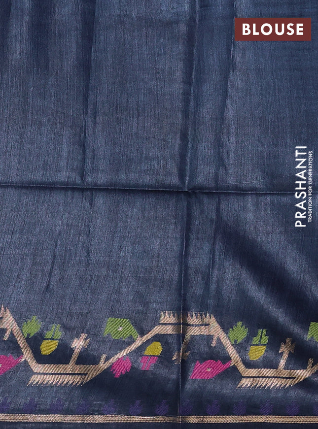 Munga tussar silk saree navy blue with thread woven buttas and woven border