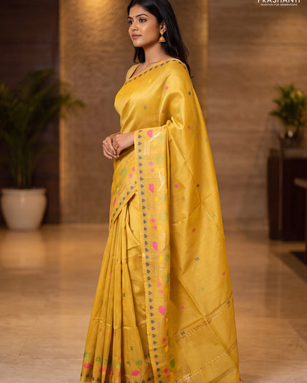 Munga tussar silk saree mustard yellow with thread woven buttas and woven border