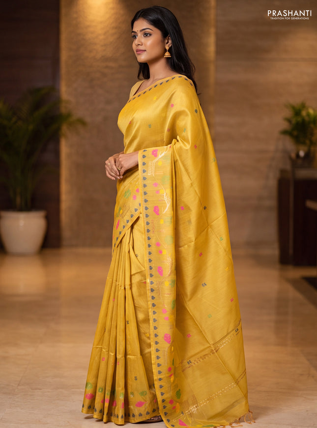 Munga tussar silk saree mustard yellow with thread woven buttas and woven border
