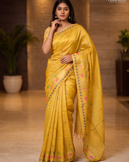Munga tussar silk saree mustard yellow with thread woven buttas and woven border