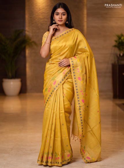 Munga tussar silk saree mustard yellow with thread woven buttas and woven border