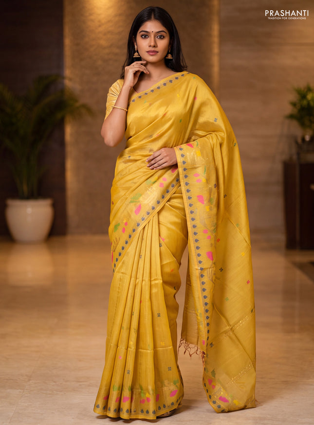 Munga tussar silk saree mustard yellow with thread woven buttas and woven border