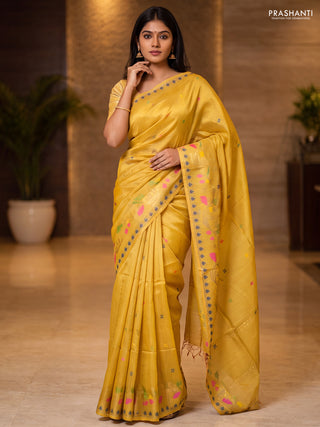 Munga tussar silk saree mustard yellow with thread woven buttas and woven border