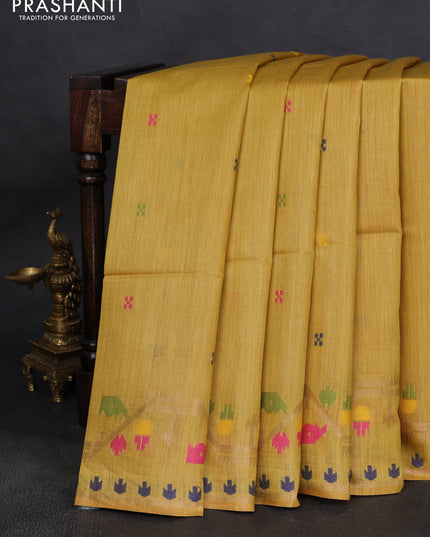 Munga tussar silk saree mustard yellow with thread woven buttas and woven border