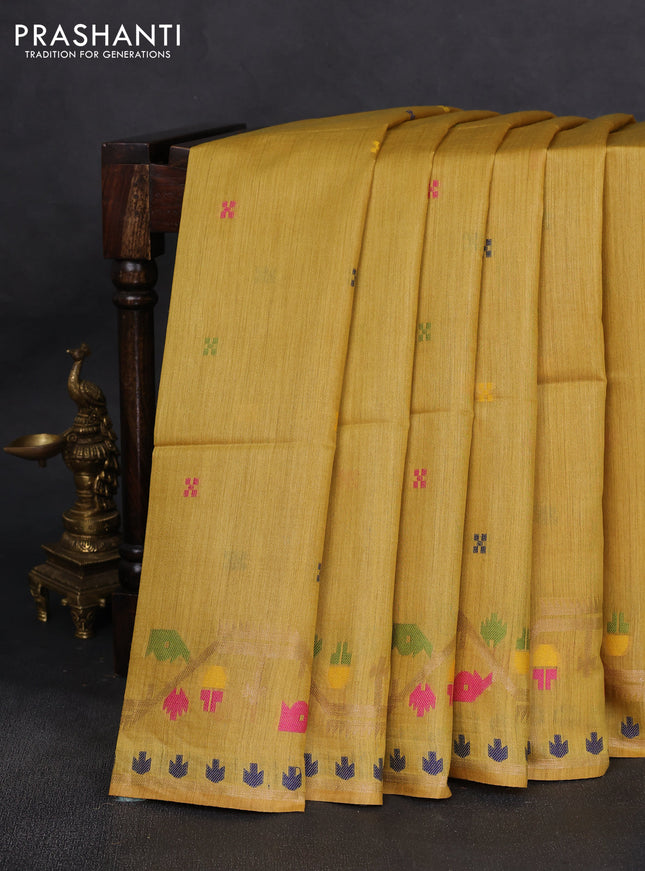 Munga tussar silk saree mustard yellow with thread woven buttas and woven border