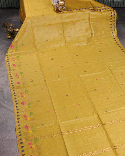 Munga tussar silk saree mustard yellow with thread woven buttas and woven border