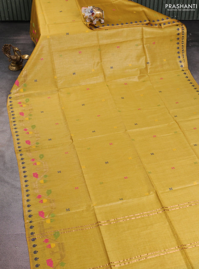 Munga tussar silk saree mustard yellow with thread woven buttas and woven border