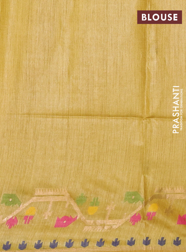 Munga tussar silk saree mustard yellow with thread woven buttas and woven border