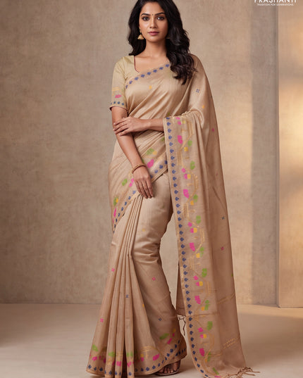 Munga tussar silk saree sandal with thread woven buttas and woven border