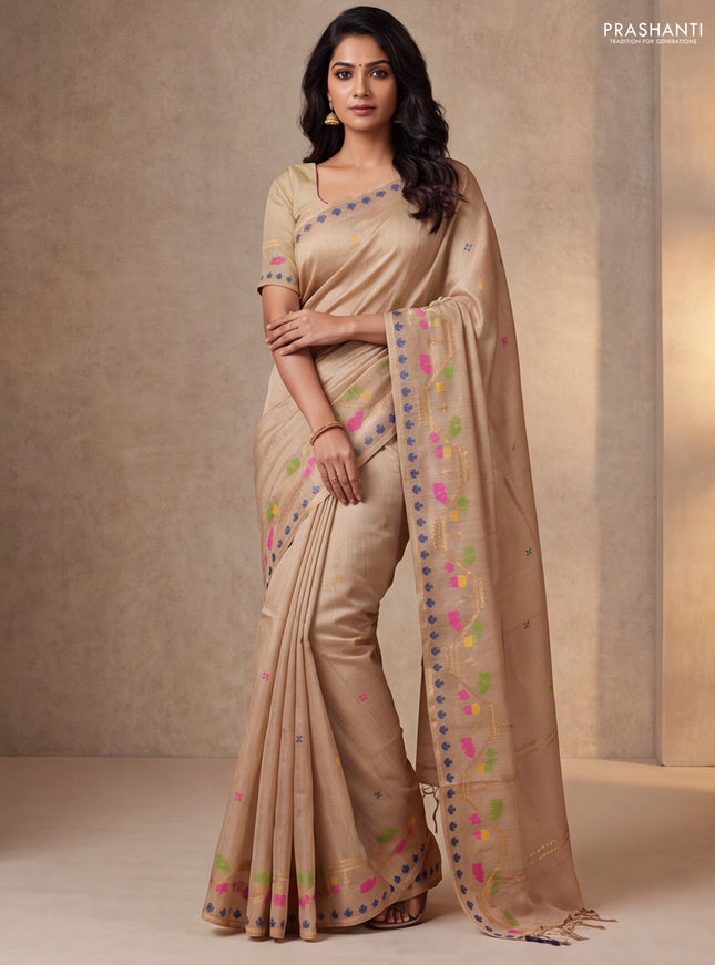 Munga tussar silk saree sandal with thread woven buttas and woven border