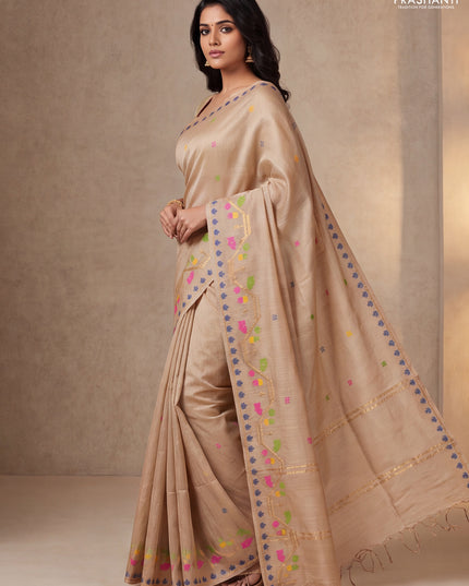 Munga tussar silk saree sandal with thread woven buttas and woven border