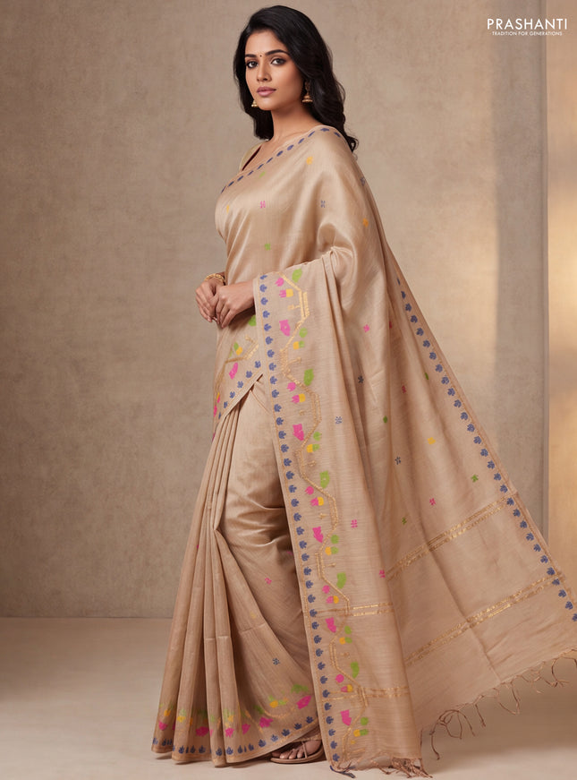 Munga tussar silk saree sandal with thread woven buttas and woven border